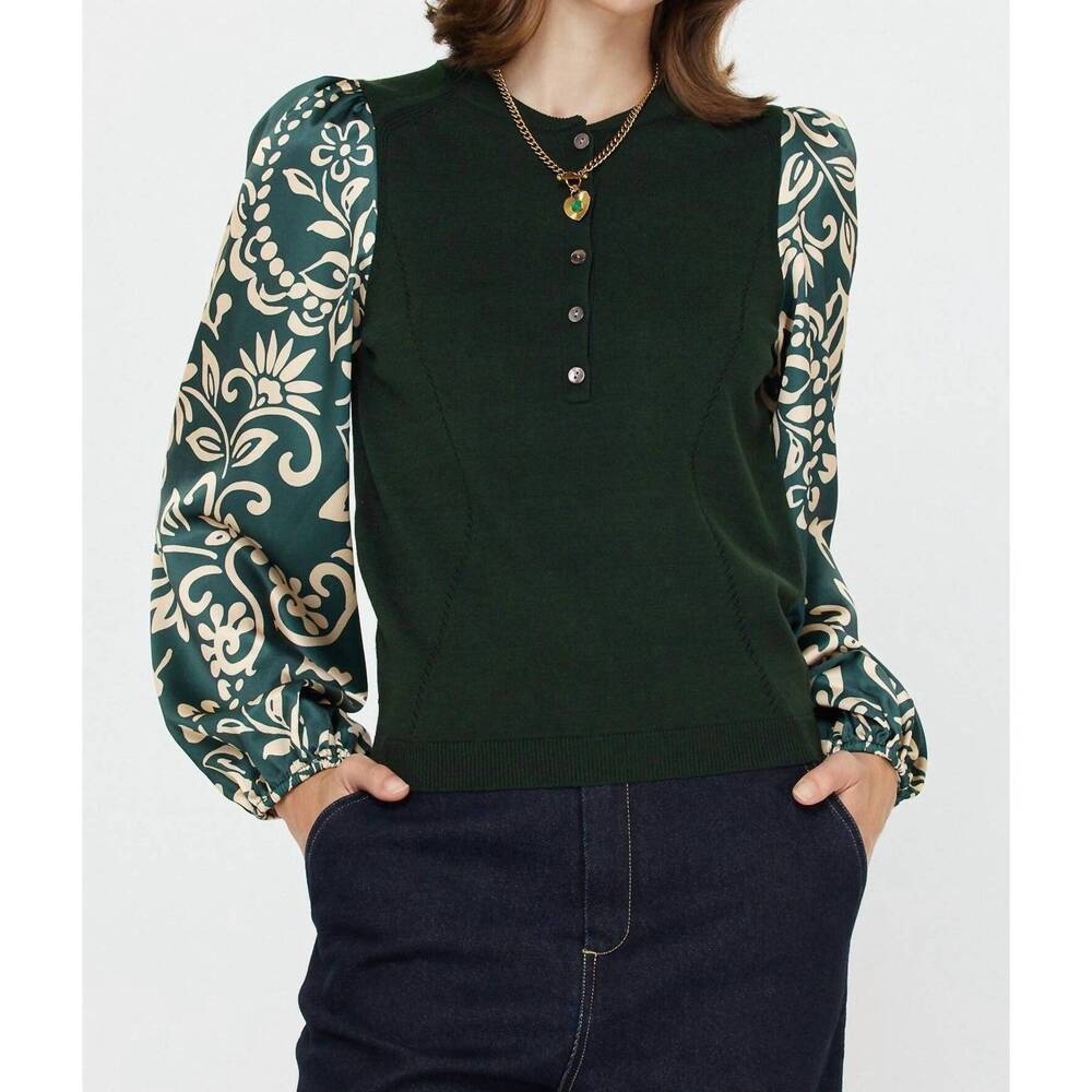 NEW CURRENT AIR mandarin collar combo sweater top in green multi